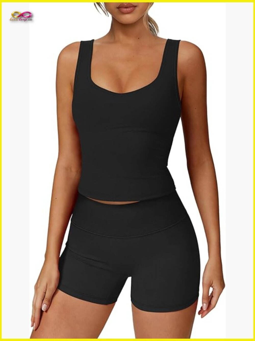 2 Piece Workout Set U Neck Crop Tank High Waisted Bike Shorts Athletic Gym Yoga